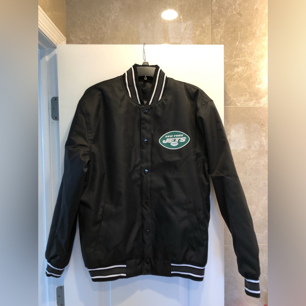 NFL New York Jets Poly Twill Jacket Black Embroidered Patch Logos JH Design